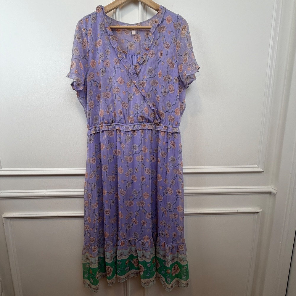 LC Lauren Conrad Purple Floral Metallic Stripe‎ Midi Dress XL Lavender Ruffle